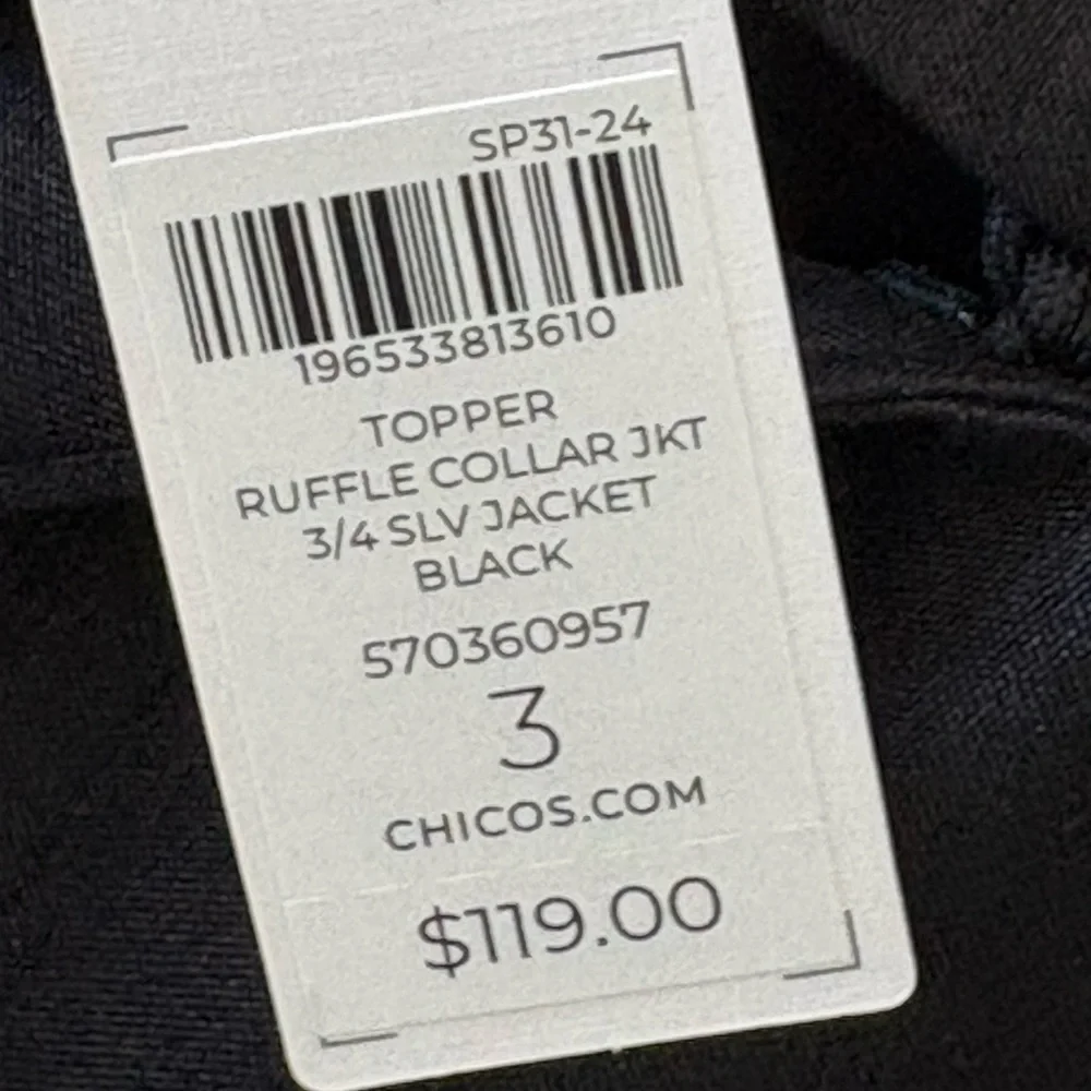 Chico’s Black Dressy Topper Jacket – Ruffle Collar | NWT | Size 3 (16/18) - Picture 2 of 12